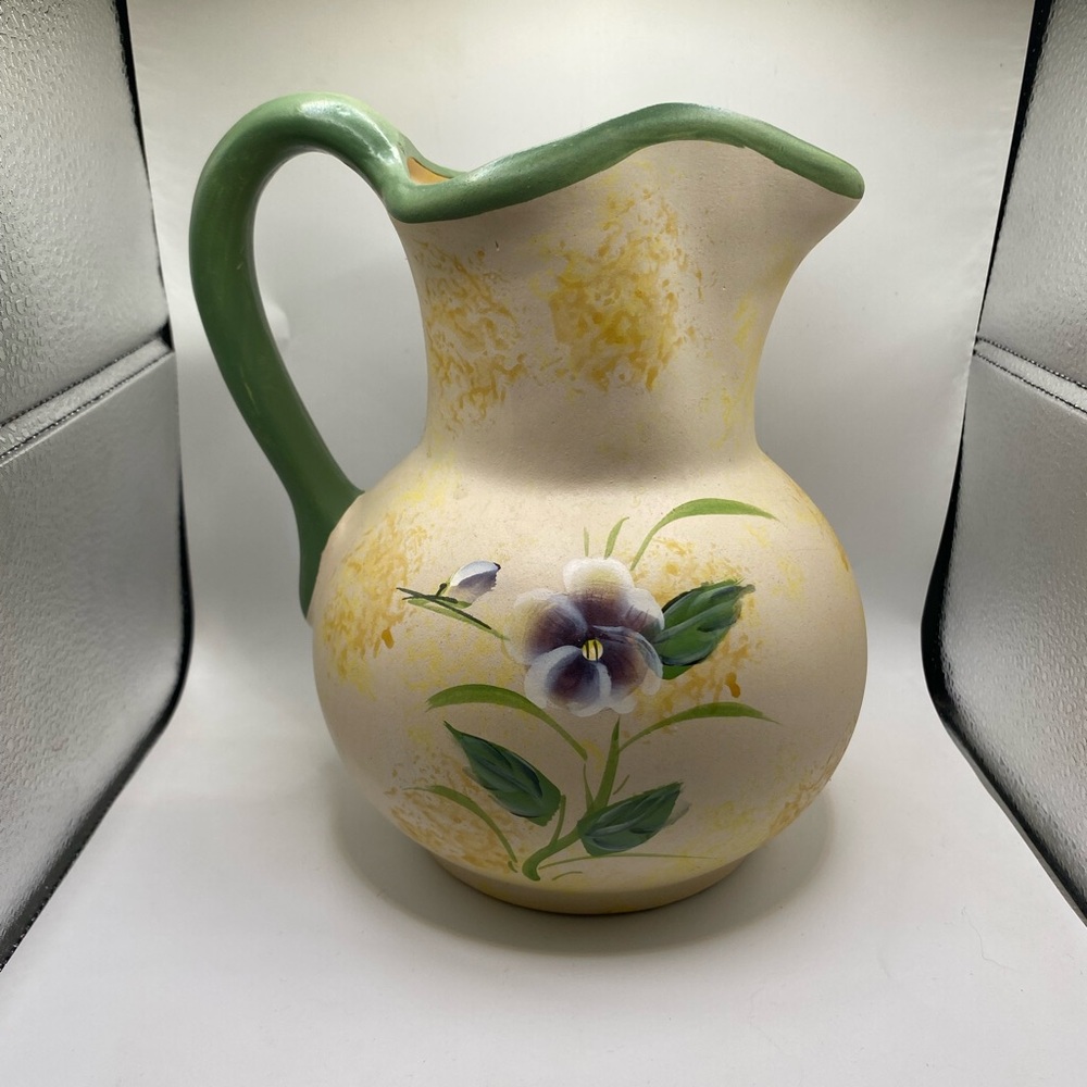 Vintage Ceramic Pottery Floral Hand Painted Pitcher Vase. Farmhouse Country.